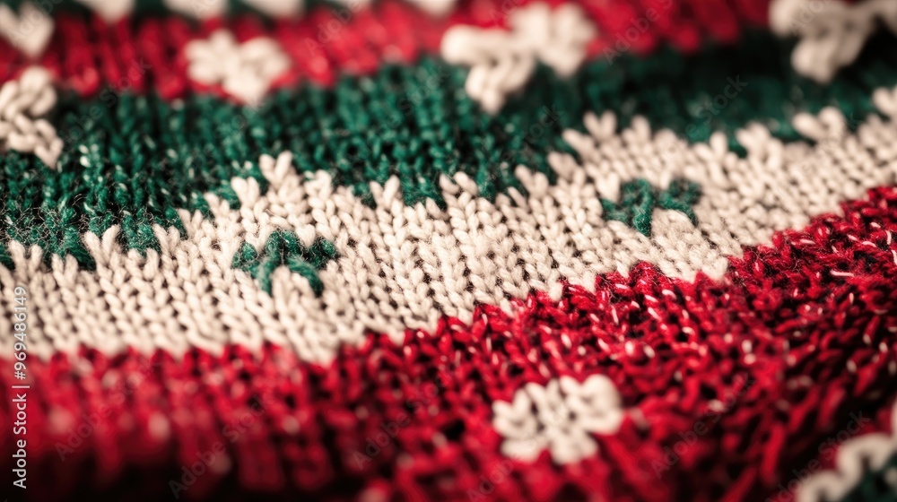 A close-up of a cozy knitted Christmas sweater texture with classic red, white, and green patterns, perfect for adding festive warmth to designs. A close-up of a cozy knitted Christmas sweater texture with classic red, white, and green patterns, perfect for adding festive warmth to designs.