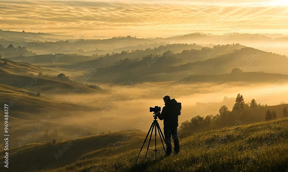 Photographer Capturing Misty Mountain Landscape Photographer Capturing Misty Mountain Landscape