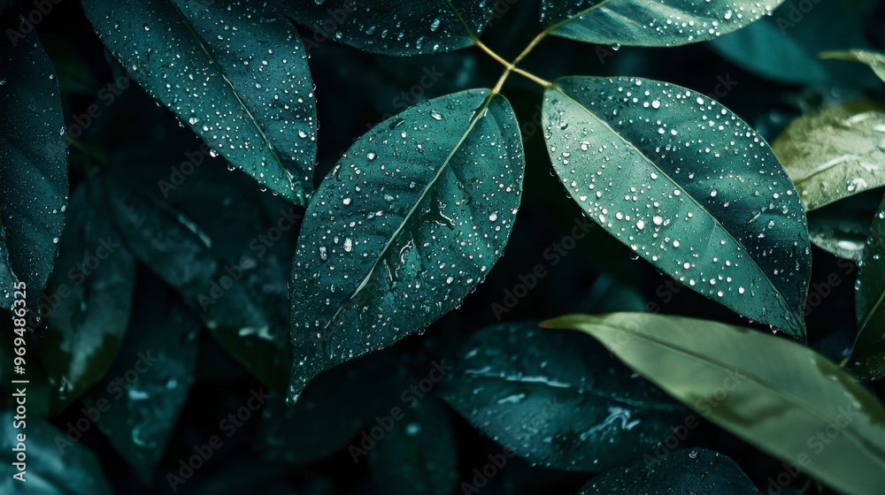Fototapeta premium A close-up of jungle leaves covered in dew, with droplets glistening in the early morning light.