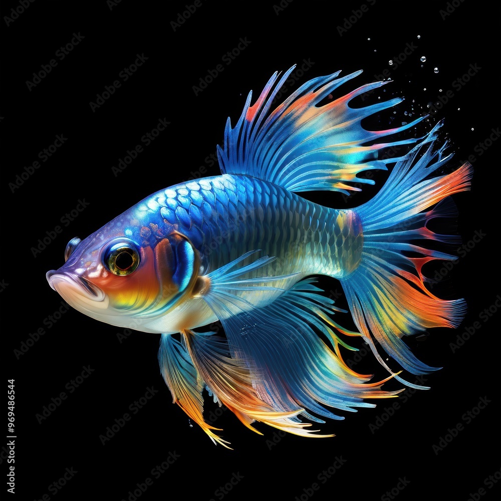 A vibrant, digitally rendered fish with colorful fins and scales against a black background. A vibrant, digitally rendered fish with colorful fins and scales against a black background.