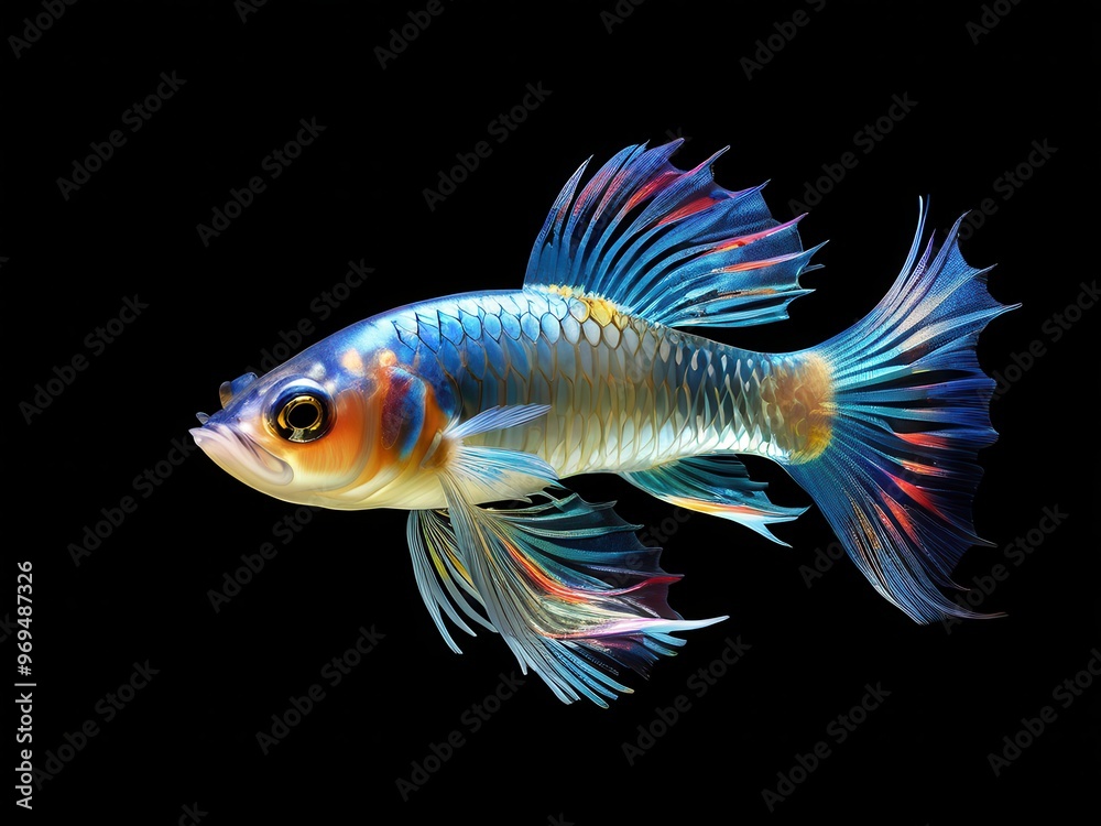 A vibrant, digitally rendered fish with colorful fins swimming against a dark background. A vibrant, digitally rendered fish with colorful fins swimming against a dark background.