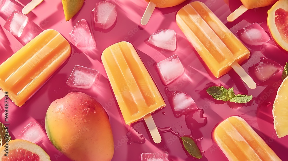Mango pieces in several fruit popsicles with a crimson backdrop Mango pieces in several fruit popsicles with a crimson backdrop