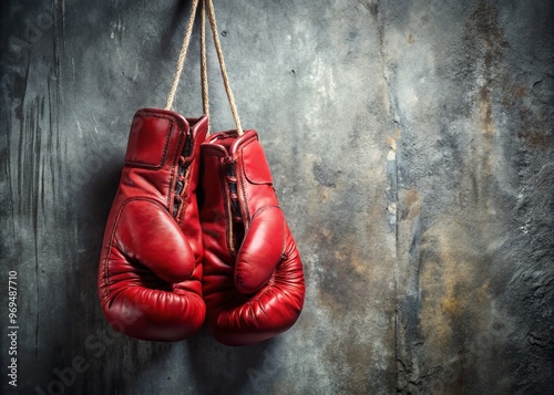 Red leather boxing gloves hang from a worn rope, laces frayed, against a distressed gray background, evoking a photo