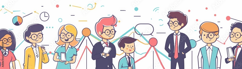 A cute cartoon of businesspeople analyzing market trends and data