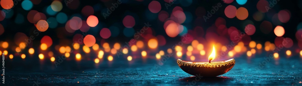 A vibrant Diwali celebration scene with colorful bokeh lights in the background and traditional oil lamps diyas lit up A vibrant Diwali celebration scene with colorful bokeh lights in the background and traditional oil lamps diyas lit up