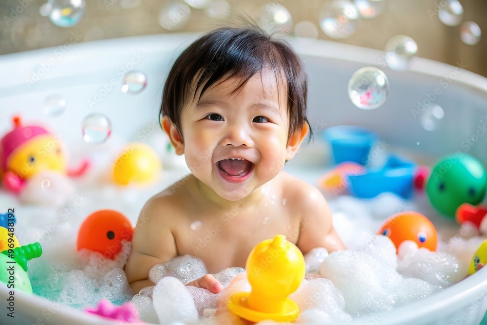 Happy baby asian boy take a bath with bubbles soap and playing a duck toy. She sitting in a bathtub Happy baby asian boy take a bath with bubbles soap and playing a duck toy. She sitting in a bathtub