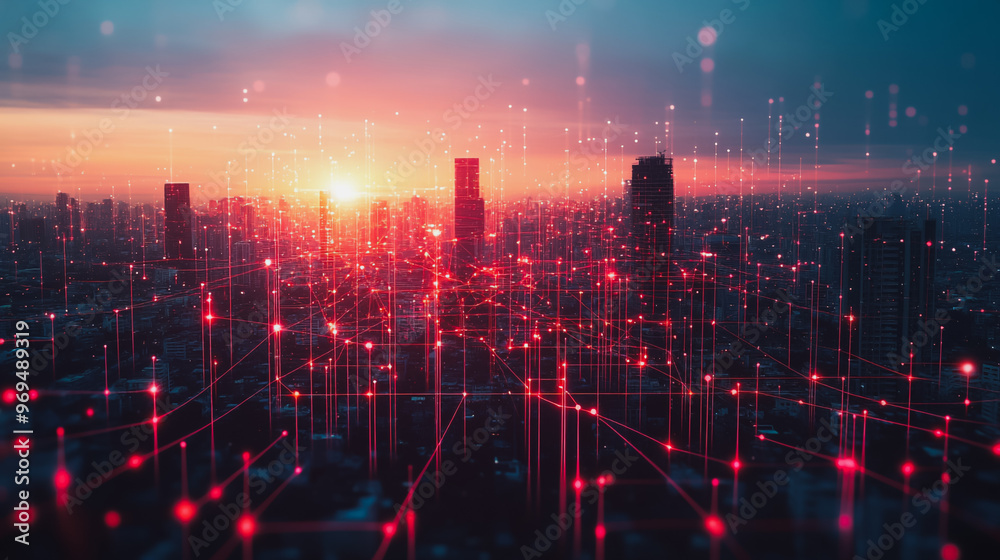 Obraz premium Smart digital city with connection cyber security network reciprocity over the cityscape . future smart wireless digital city and social media networking systems that connects people within the city