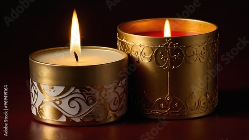 Christmas scented candle with golden light on a dark red background