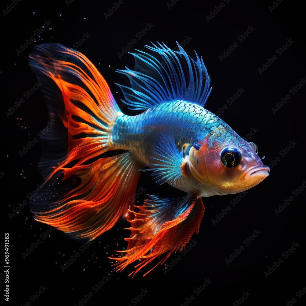 A vibrant, digitally rendered goldfish with flowing fins and bright colors against a dark background. A vibrant, digitally rendered goldfish with flowing fins and bright colors against a dark background.