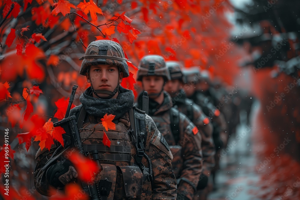 Fototapeta premium Soldiers marching in an autumn landscape surrounded by vibrant red leaves during a chilly day in the forest