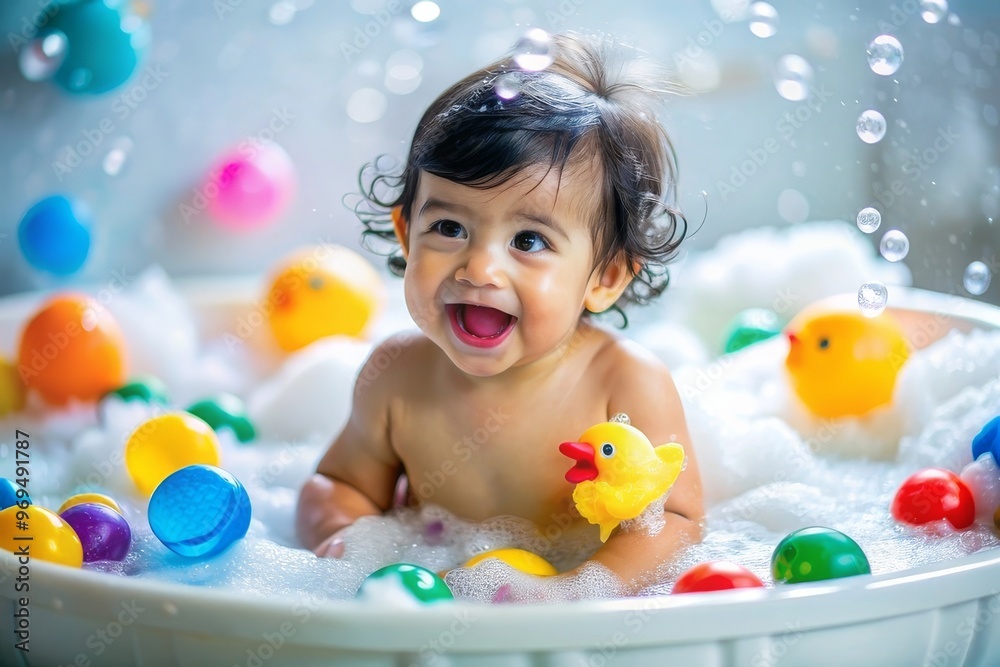 Happy baby asian boy take a bath with bubbles soap and playing a duck toy. She sitting in a bathtub Happy baby asian boy take a bath with bubbles soap and playing a duck toy. She sitting in a bathtub