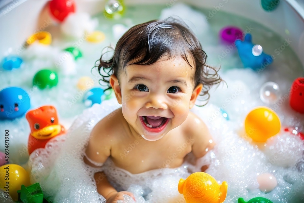 Happy baby asian boy take a bath with bubbles soap and playing a duck toy. She sitting in a bathtub Happy baby asian boy take a bath with bubbles soap and playing a duck toy. She sitting in a bathtub