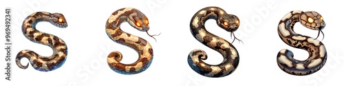 A collection of four unique snakes showcasing diverse patterns and colors, representing the beauty of nature's reptiles.