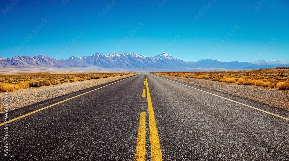 Naklejka premium A deserted road disappearing into the horizon, with mountains in the distance under a clear blue sky.