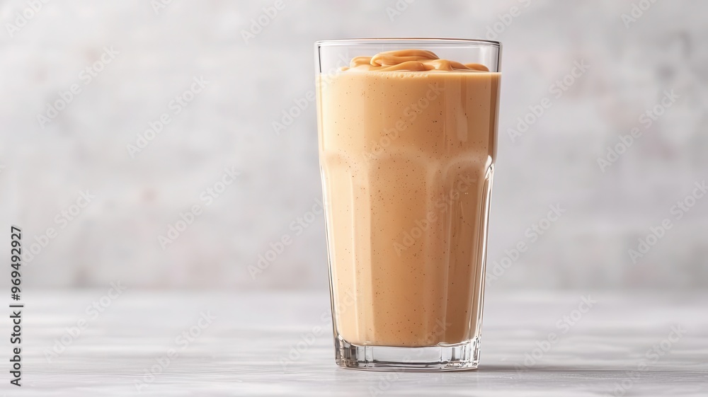 Smooth caramel-flavored protein shake in a tall glass, Protein shake, sweet, indulgent Smooth caramel-flavored protein shake in a tall glass, Protein shake, sweet, indulgent