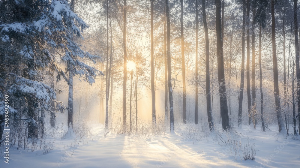 A peaceful winter forest covered in freshly fallen snow, with tall, snow-dusted trees and soft sunlight filtering through. A peaceful winter forest covered in freshly fallen snow, with tall, snow-dusted trees and soft sunlight filtering through.