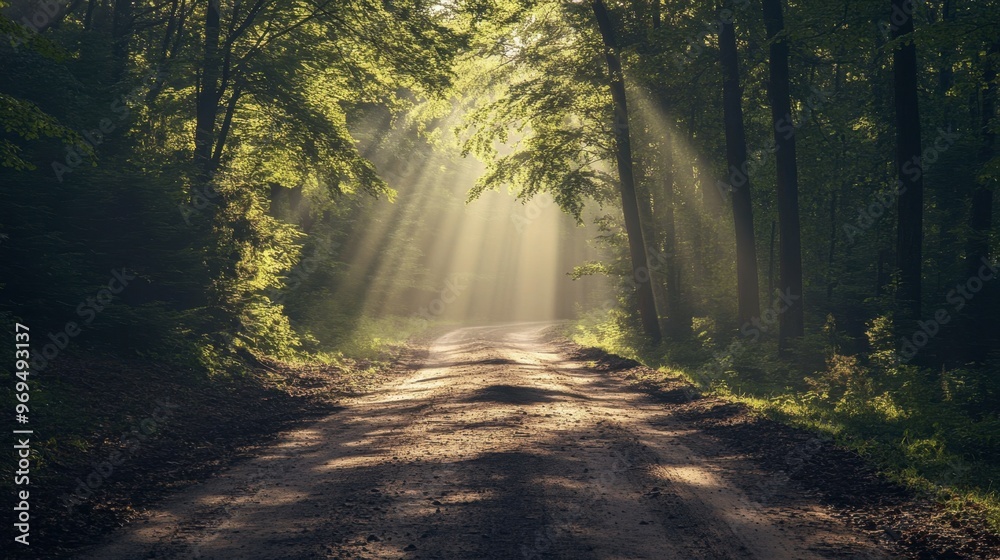 Fototapeta premium A dirt road leading through a dense forest, with sunlight streaming through the canopy of trees.