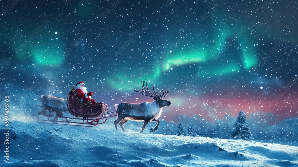 A reindeer pulling sleigh through a snowy night sky, with the northern lights glowing in the distance and stars twinkling overhead. A reindeer pulling sleigh through a snowy night sky, with the northern lights glowing in the distance and stars twinkling overhead.