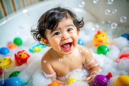 Happy baby asian boy take a bath with bubbles soap and playing a duck toy. She sitting in a bathtub