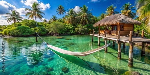 Serenene tropical retreat featuring a sturdy wooden dock suspended above crystal-clear turquoise water, adorned with a photo