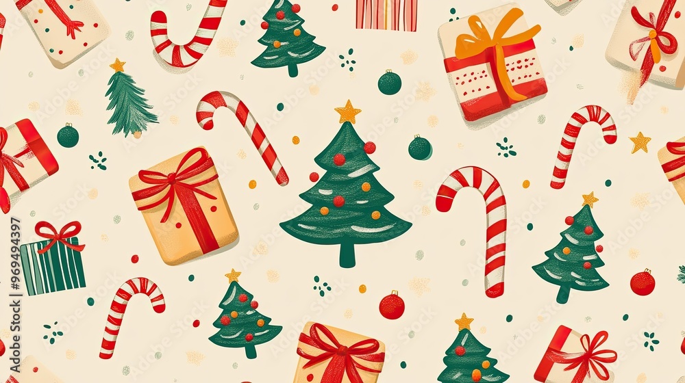 A seamless background of candy canes, Christmas trees, and gifts, arranged in a playful, colorful pattern on a light background. A seamless background of candy canes, Christmas trees, and gifts, arranged in a playful, colorful pattern on a light background.
