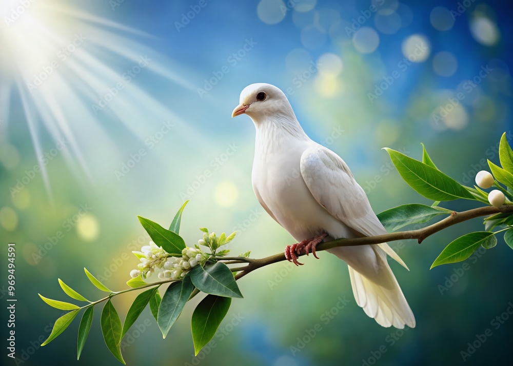 Obraz premium Serene white dove perched on olive branch, surrounded by soft focus green leaves, conveying harmony, hope, and