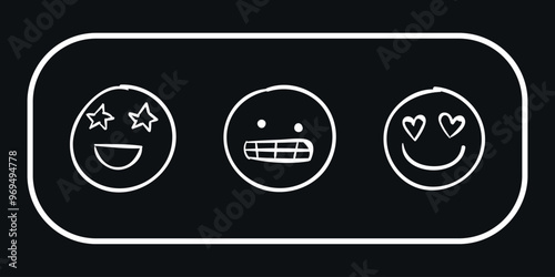 Three white design emoticons in a white frame. Vector on a black background