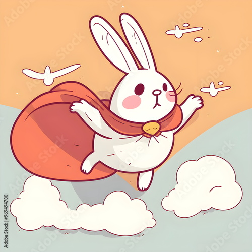 Superheld-Hase fliegt durch den Himmel – süße Cartoon-Illustration - Ki-Ai generiert