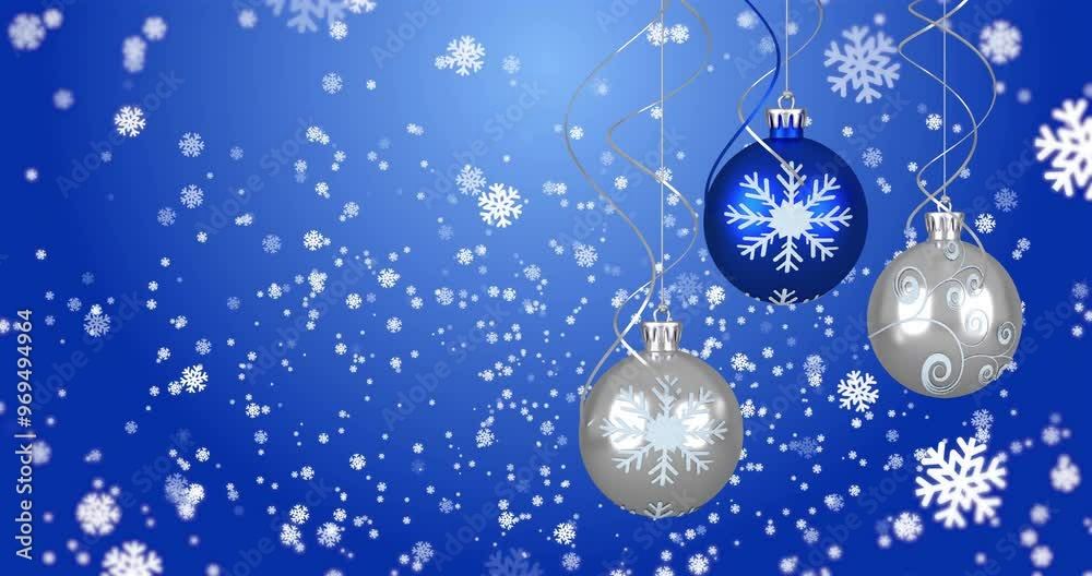 Animation of christmas baubles over snow falling Animation of christmas baubles over snow falling
