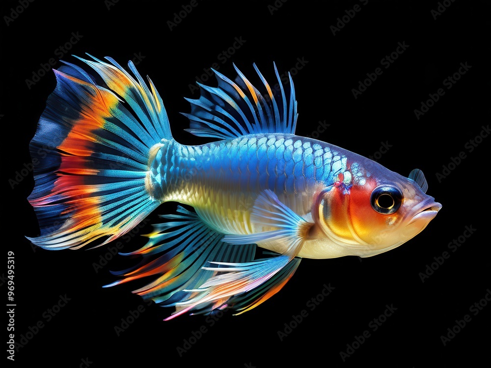A vividly colored fish with flowing fins, showcasing its beauty against a black background. A vividly colored fish with flowing fins, showcasing its beauty against a black background.