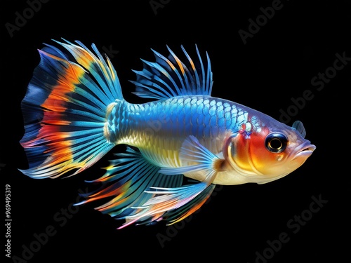 A vividly colored fish with flowing fins, showcasing its beauty against a black background.