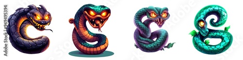 Vibrant illustration of four creative snakes forming letters, showcasing unique designs and colors for artistic expressions.