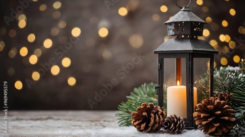Christmas Lanterns and Pine Cones with empty space for mockup