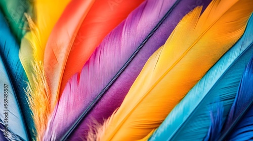 A close-up of colorful bird feathers, arranged in the shape of an LGBTQ+ flag photo