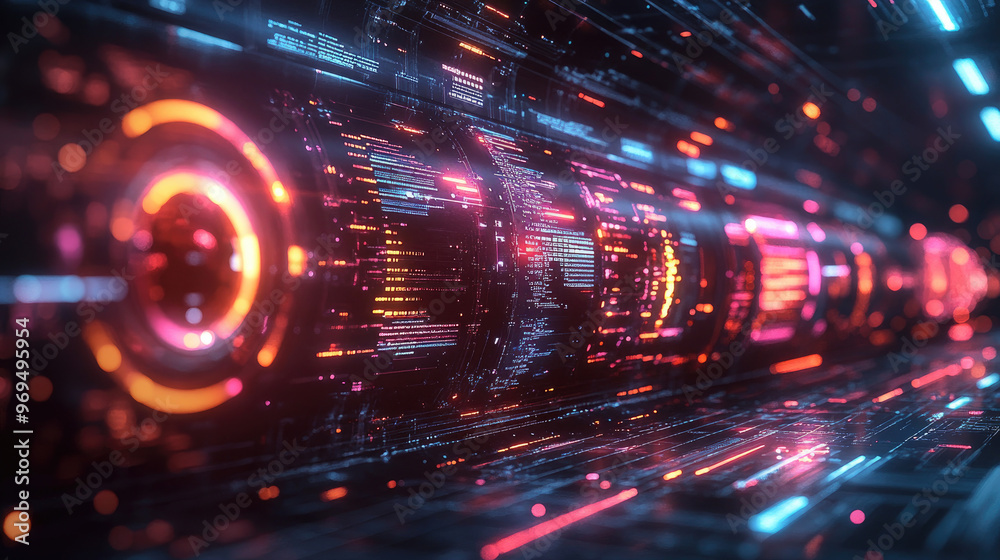 Fototapeta premium Abstract digital background with glowing neon lights, lines, and data streams.