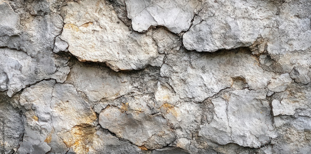Weathered Grey Rock Face with Cracks and Patches of Yellow