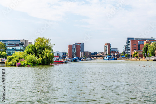 A view across Brayford Pool towards Foss Dyke in Lincoln, Lincolnshire in summertime photo