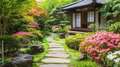 A peaceful garden with a stone path leading to a traditional tea house surrounded by flowers