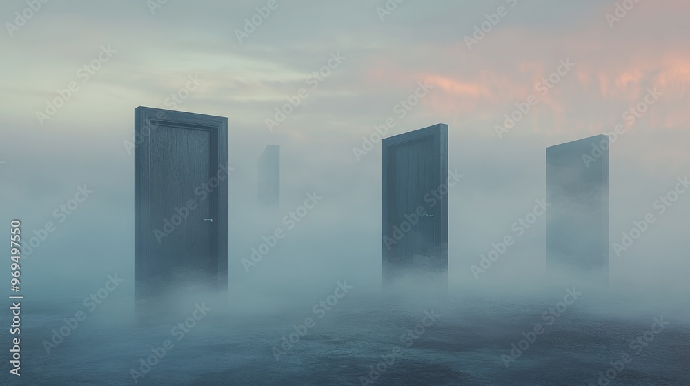 Fototapeta premium Ethereal Doorways: Surreal Vistas in Misty Void