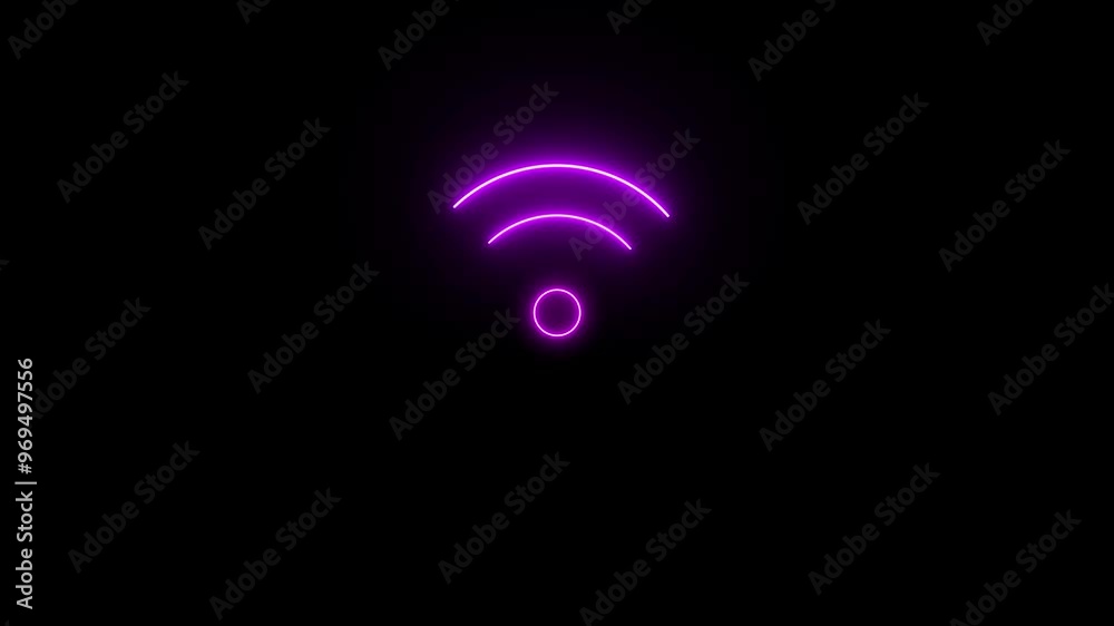 Neon Wi-fi Sign Icon Animation. Glowing Neon Wireless Network Connection Symbol on Black Background. Neon Wi-fi Sign Icon Animation. Glowing Neon Wireless Network Connection Symbol on Black Background.