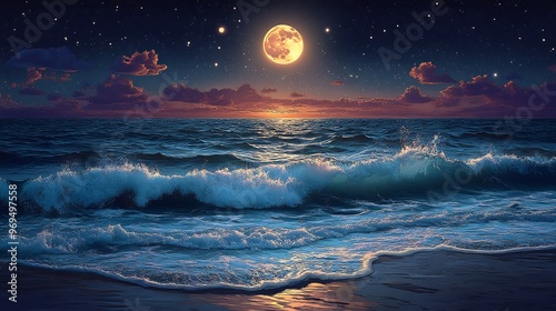Vector design of a serene moonlit ocean scene with gentle waves lapping against the shore and a glowing full moon reflecting on the water's surface