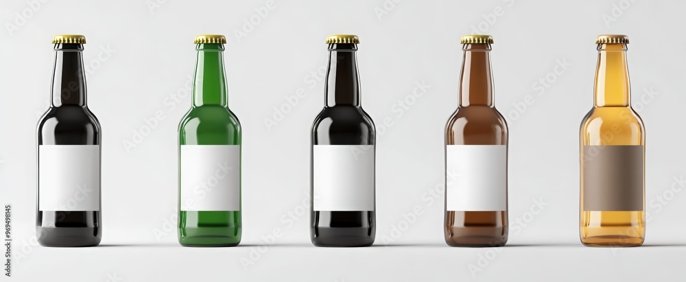 5 different beer bottle realistic mockups on a white background, in green, brown, black, amber, and yellow glass bottles with blank labels for product design, packaging presentation 5 different beer bottle realistic mockups on a white background, in green, brown, black, amber, and yellow glass bottles with blank labels for product design, packaging presentation