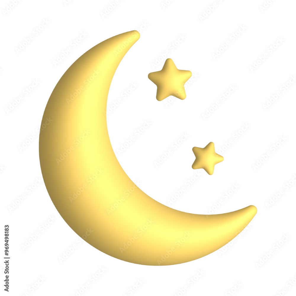 Crescent Moon with Stars 3D Icon isolated on white background. Vector illustration.