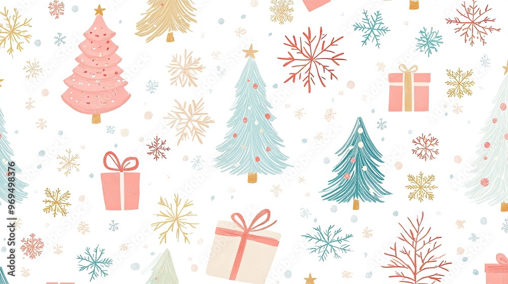 A seamless repeating design of Christmas trees, snowflakes, and presents in soft pastel tones on a white background. A seamless repeating design of Christmas trees, snowflakes, and presents in soft pastel tones on a white background.