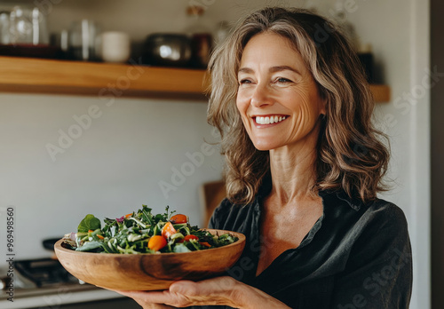 Wallpaper Mural A happy woman holds a bowl of fresh salad in her kitchen, smiling at the camera. Torontodigital.ca