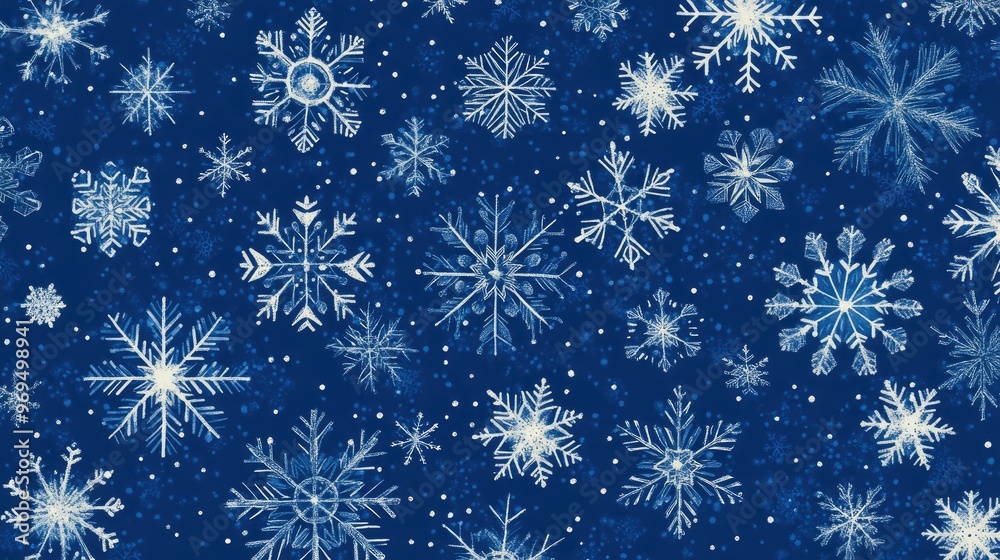 A seamless repeating pattern of snowflakes in various sizes and shapes, softly glowing on a deep blue background. A seamless repeating pattern of snowflakes in various sizes and shapes, softly glowing on a deep blue background.