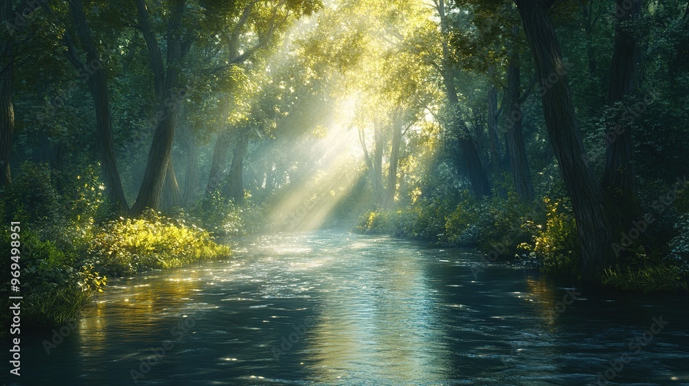 A peaceful river winding through a dense forest with sunlight filtering through the trees A peaceful river winding through a dense forest with sunlight filtering through the trees