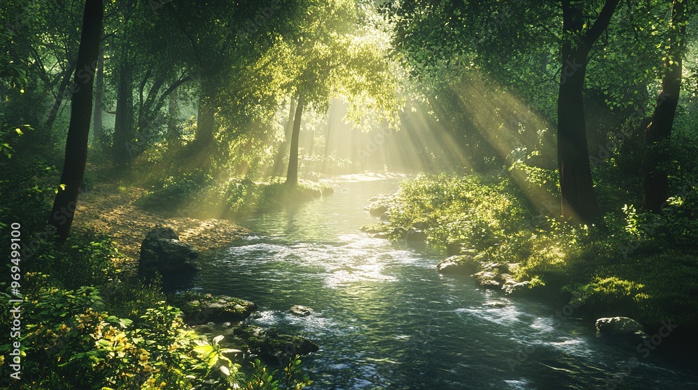 Fototapeta premium A peaceful river winding through a dense forest with sunlight filtering through the trees