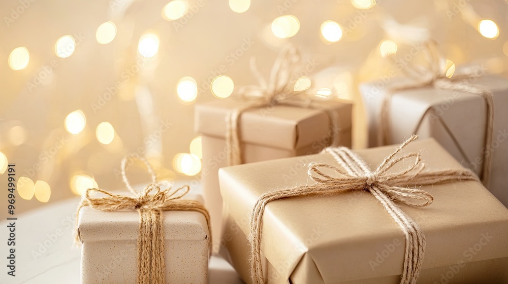 A set of beautifully wrapped gifts in neutral tones, arranged on a white table with soft, glowing string lights in the background, leaving space for text. A set of beautifully wrapped gifts in neutral tones, arranged on a white table with soft, glowing string lights in the background, leaving space for text.
