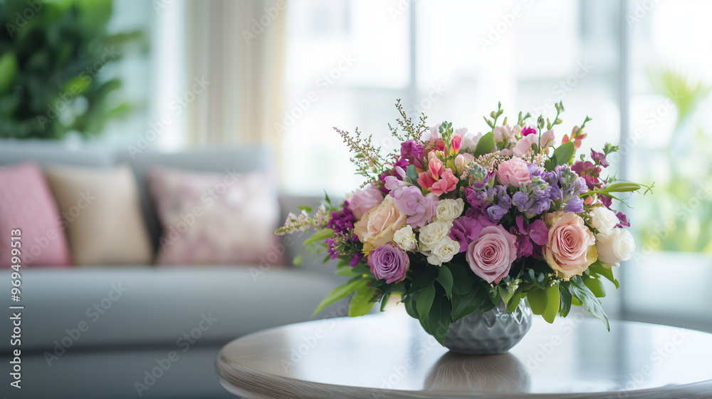 A beautiful bouquet of flowers in an elegant white vase is placed on the coffee table against the backdrop of a modern interior design A beautiful bouquet of flowers in an elegant white vase is placed on the coffee table against the backdrop of a modern interior design